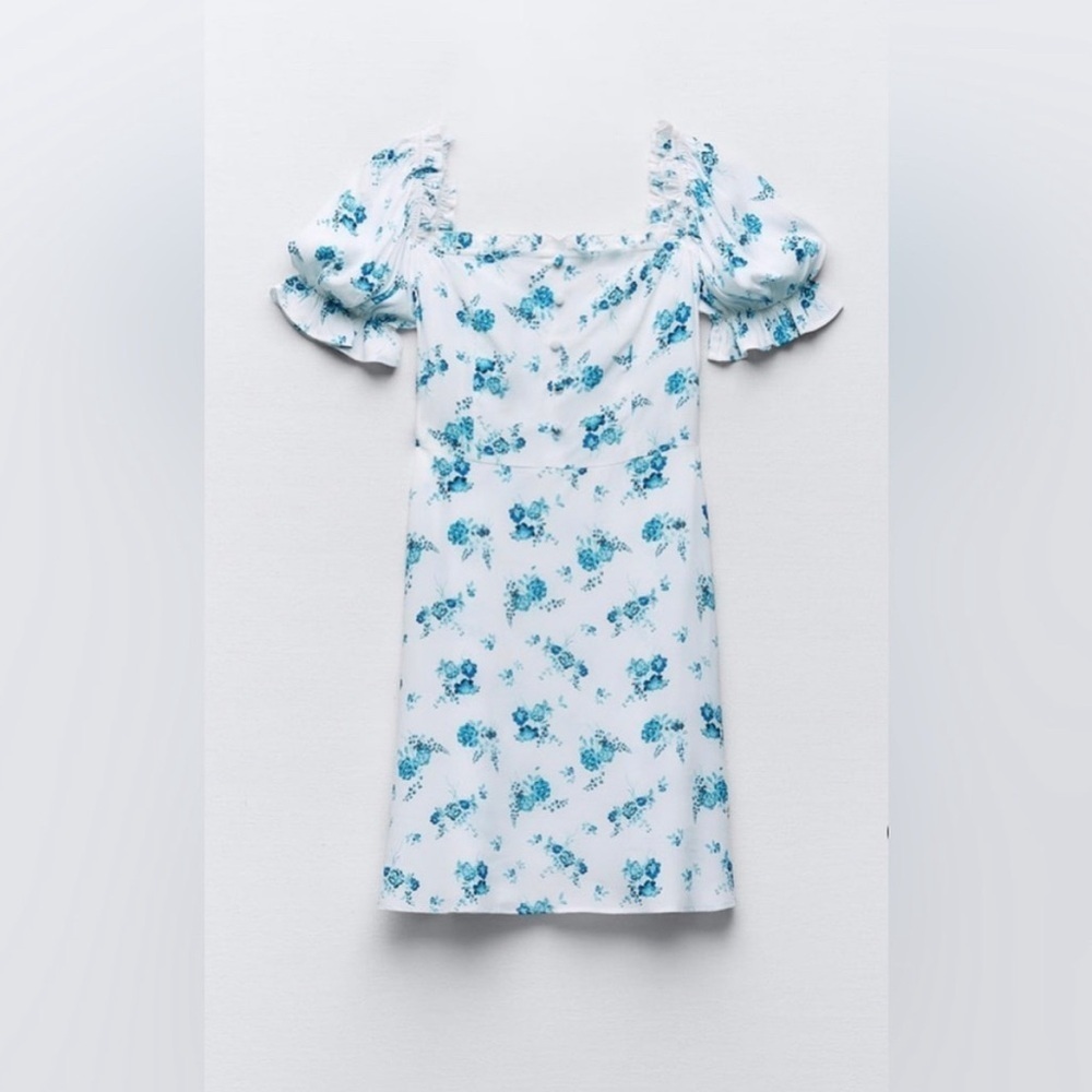 Zara Short Floral Print Dress Blue and White size S - Picture 7 of 8